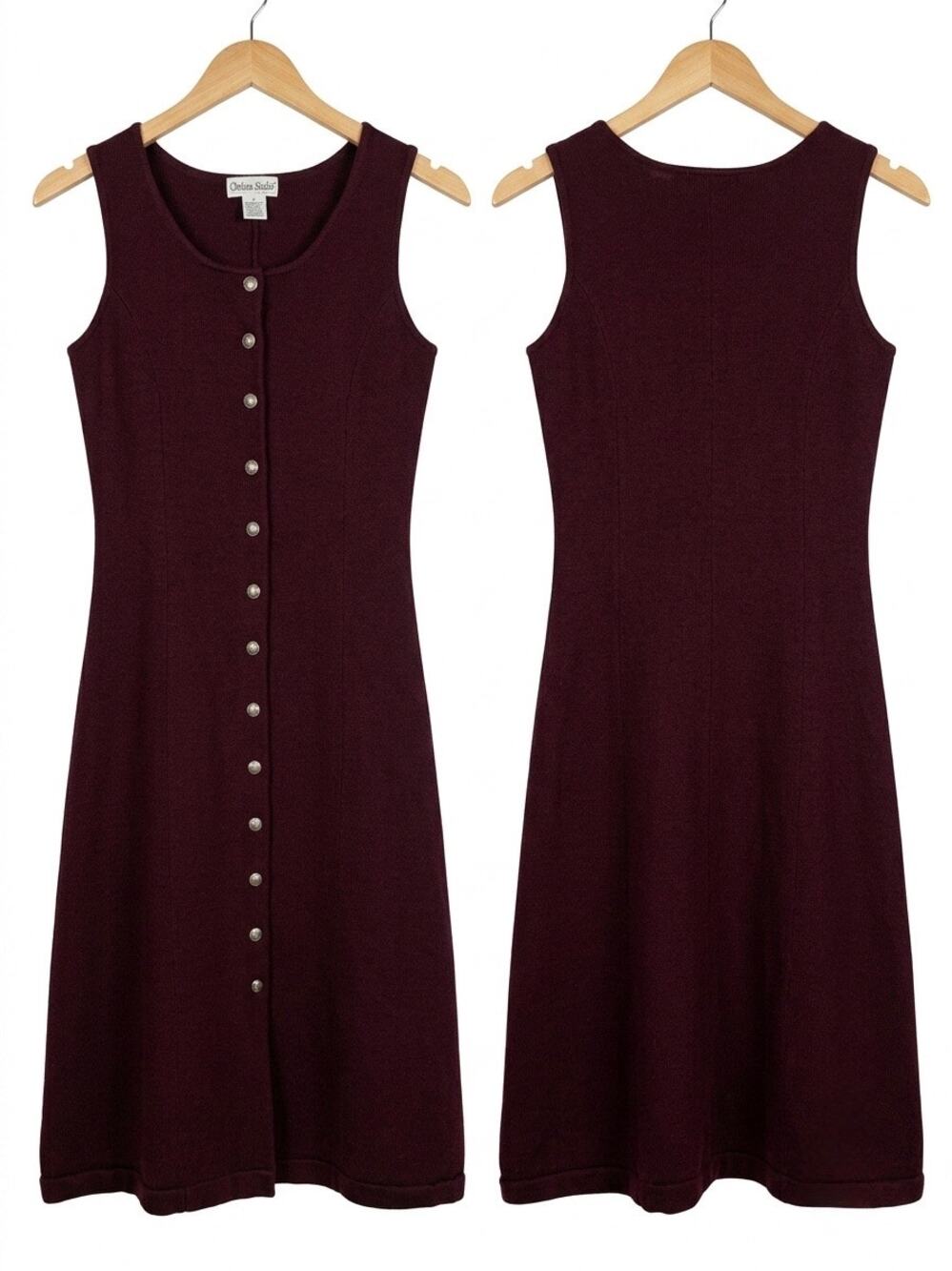 Vintage Burgundy 100% Wool Knit Button Front Midi Tank Dress 90s Dark Academia